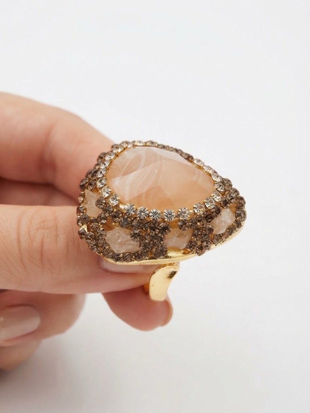 Vintage Caramel Agate Pear Cabochon Ring with Crystal Halo